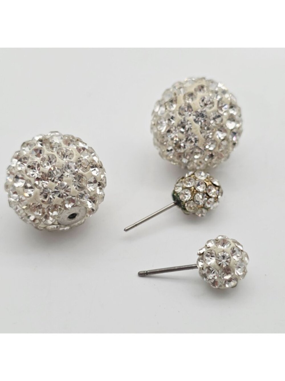 Double Rhinestone Crystal Silver Stud Earrings Silver 1/2" - Picture 5 of 6